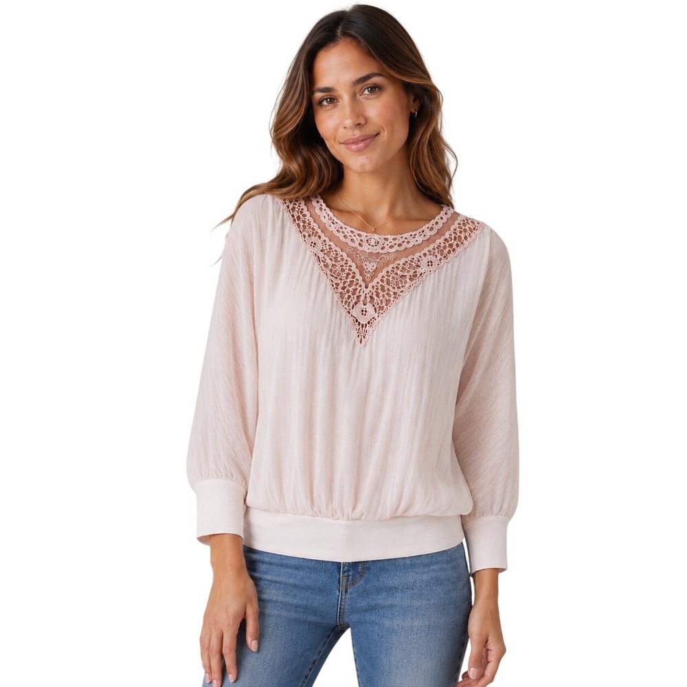 Carla Conti Women Pink Silk Crochet Lace Trim Dolman Sleeve Blouse Size S